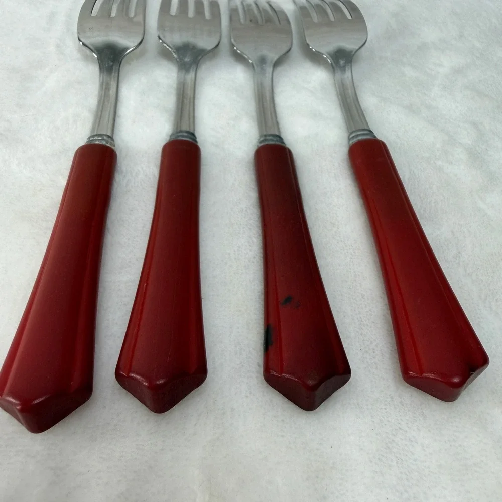 VTG Red Bakelite Handle‎ Dinner Forks Set of 4 Mid Century Retro MCM